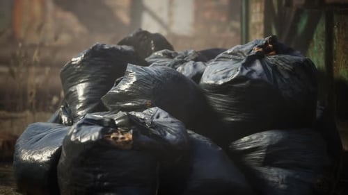 Plastic Trash Bags on Curb Outside City Building
