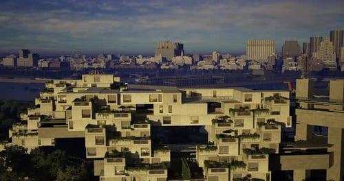 Diseño arquitectónico moderno que muestra un edificio único con el horizonte de la ciudad