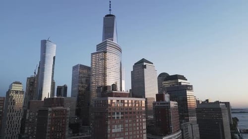 NYC View From Above Twilight Sky Forwards Fly Above NYC Street Between Modern Buildings Manhattan