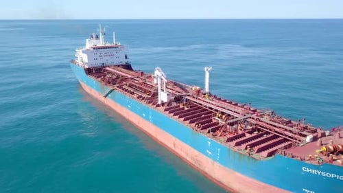 Aerial footage of a large crude oil tanker at the Mediterranean sea.