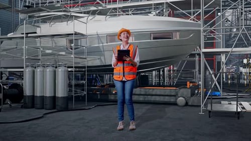Full Body Of Asian Female Engineer Looking At The Tablet In Her Hand in Modern Shipyard