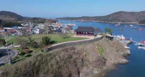 Paisagem panorâmica do oceano e porto da costa oeste, Boryeong, Coreia do Sul