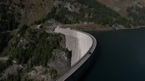 Aerial view of dam in Blenio, Switzerland.