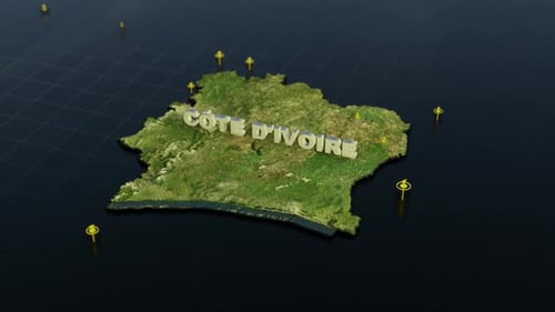 3D Realistic Map of Côte d'Ivoire with Location Markers