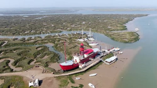 Lighthouse ship Tollesbury Essex on river Blackwater Aerial footage.