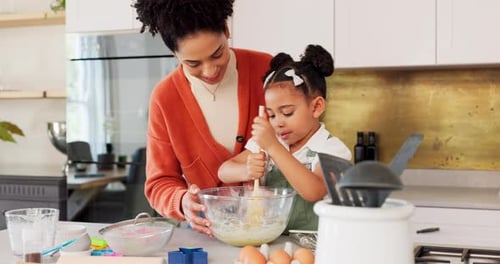 Woman and Child Stir Batter in Kitchen