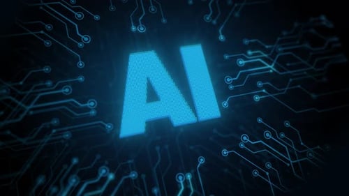 High tech neon circuit board. Glowing blue AI circuit animation. futuristic digital Data moving on C