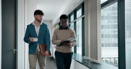 Coffee, document and business people walking in office together for team meeting