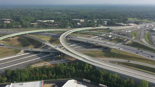 Aerial view of highway interchange, United States.