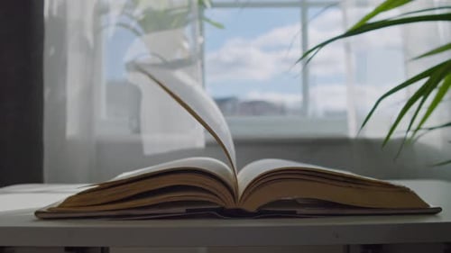 Pages Fluttering In Sunlit Book By Window