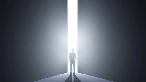 Man in front of the door which opens to heaven world of light