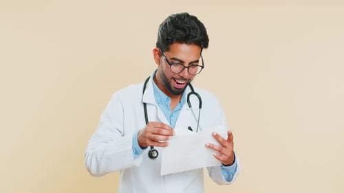 Happy Doctor Man Open Envelope Take Out Letter Reads Bank Loan Approve Great News Award Win