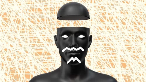 Stylish black mannequin with white facial markings on abstract background