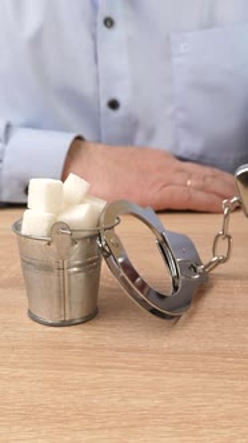 23v. A man is handcuffed to a bucket of sugar. Sweet addiction.