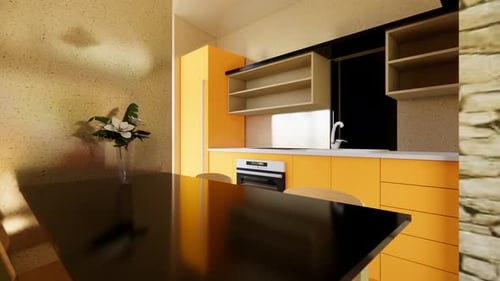 Modern 3D Interior Design of a Kitchen With Orange Cabinets