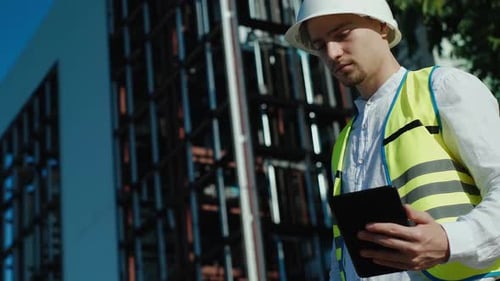 Engenheiro de controle com tablet pc, linhas de energia e postes, discutindo o plano de expansão e transporte de energia