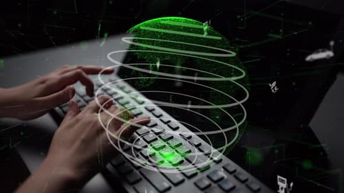 Abstract Concept of Digital Technology and Global Connection with Keyboard and Green Globe Represent