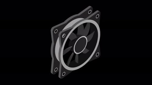 Animación isométrica de un ventilador por ordenador. Ventilador para ordenador. Ventilador isométrico de carcasa de PC. Hardware informático