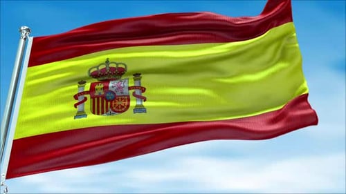 Realistic Spain Flag Waving Animation Against Blue Sky