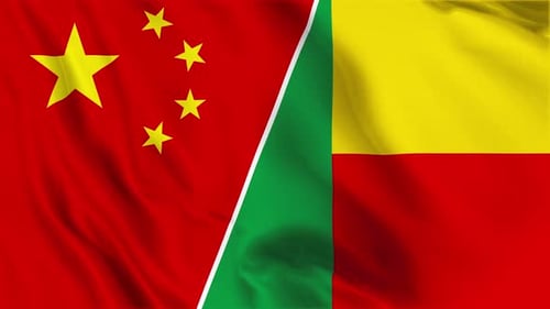 China and Benin Flags Waving with Diagonal Split Screen