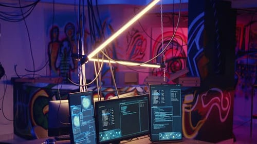 Hacker Room with Computer Screens and Code