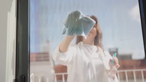 Young Woman Cleaning a Sunny Window Indoors