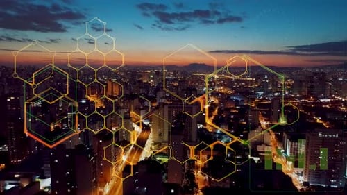 Aerial Cityscape with Futuristic Digital Overlays at Night