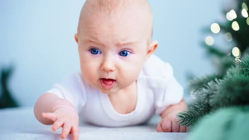 Adorable Baby Lying Down next to Christmas Tree Decoration