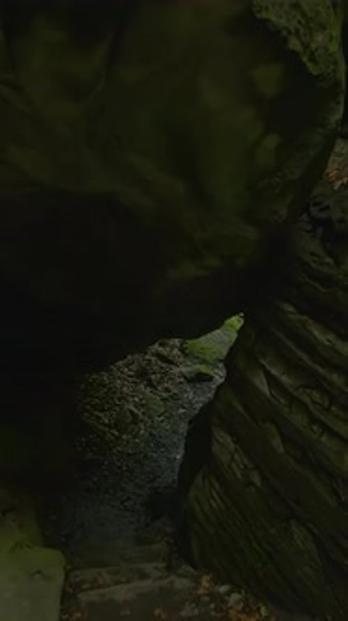 A Serene and Picturesque Forest Pathway Leading Through Lush Green Rocks and Scenery