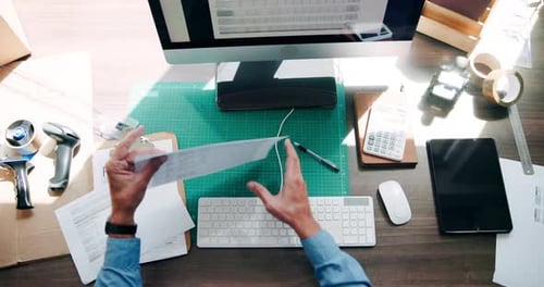 Documents, hands and businessman in office with computer for company finance report for forecasting