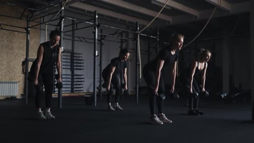 Group Strength Workout In Fitness Club Women Doing Exercises With Dumbbells