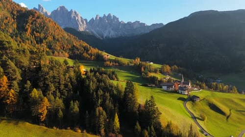 Val Di Funes and Village Santa Maddalena Dolomites Italy