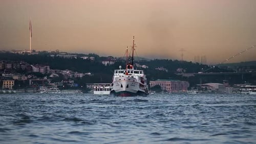 Ferry Boat on Calm Water at Sunset