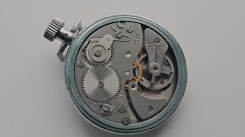 Vintage Stopwatch Mechanism Operating With Moving Gears And Springs