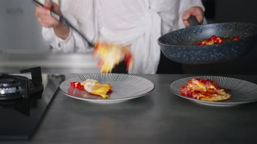 Woman Prepares Eggs and Vegetables in Kitchen