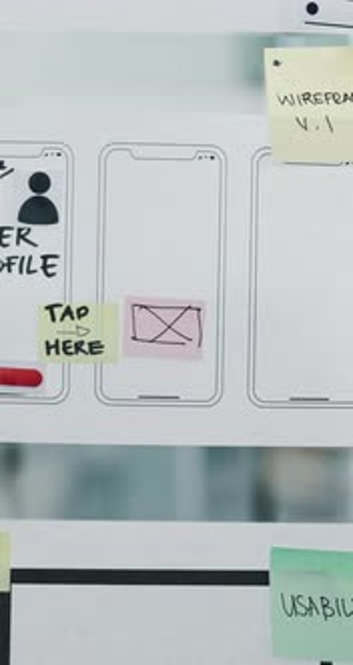 Manos, empresarios y pegatinas para diseño de experiencia de usuario, diseño de interfaz de usuario y planificación de interfaces