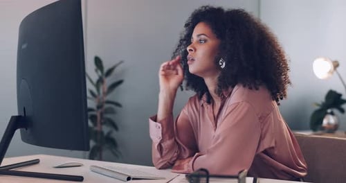 Business, computer and woman tired, burnout and headache with work, schedule and planning in office