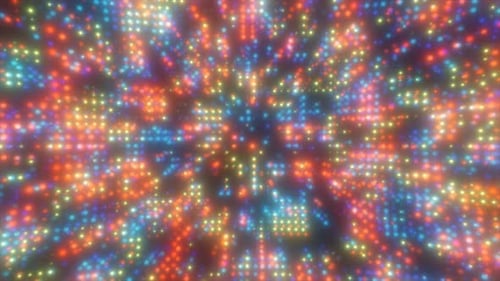 Explosion abstraite éclatante de points lumineux multicolores formant un tunnel numérique dynamique