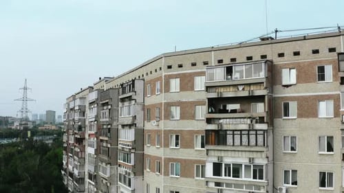 Top view of old residential buildings in city in summer. Stock footage. Residential communal complex