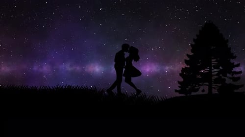 Romantic Couple Silhouette Kissing Under Cosmic Nebula Sky