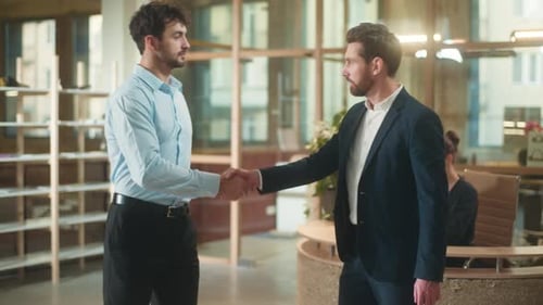 Men Shaking Hands Guys Handshake Business Partners in Office Smiling Businessmen Shake Arms Deal