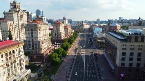 Historical buildings along Khreschatyk street on a sunny summer day. Kyiv downtown Main Street. Ukra