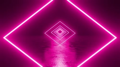 Pink neon square tunnel reflecting on wet floor