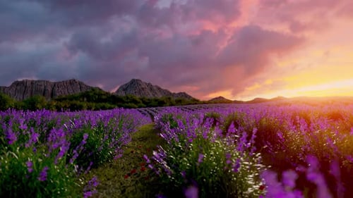 Crescimento de lavanda acelerado com um pôr do sol deslumbrante
