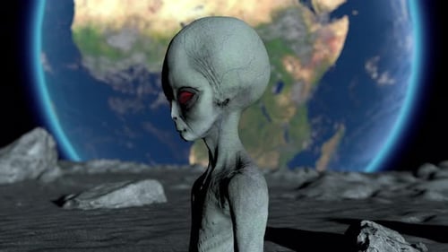 3D Animated Grey Alien on Moon Surface with Earth Background