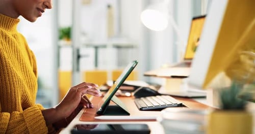 Hands, tablet and typing with creative person closeup in office for administration or business