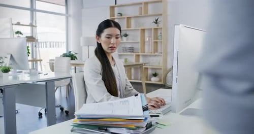 Business, work and documents of a woman getting a pile of files on her desk at the office