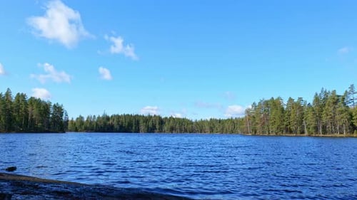 Zeitraffer der wunderschönen Seenlandschaft. Wald mit blauem Himmel und Wolken.