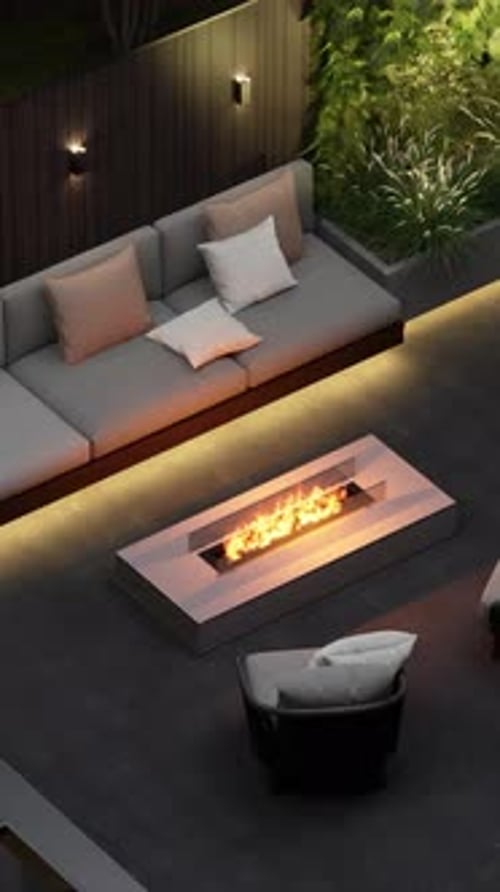 Backyard landscaping with sofas, armchairs, fireplace, barbecue and pergola. 3d render