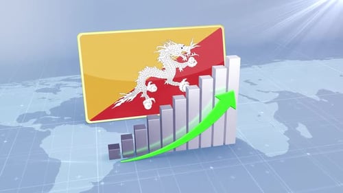 Bhutan Flag With Increasing Bar Chart Graph And Arrow Green